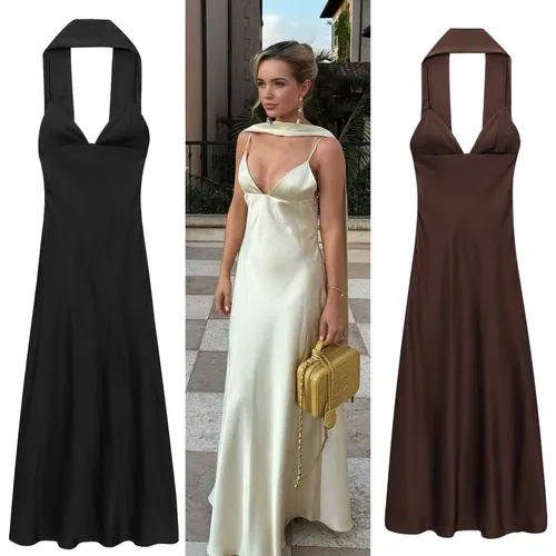 ETJ 2025 nueva bufanda fina sexy elegante para mujer vestido largo con tirantes de textura satinada de seda decorativa para vestido de fiesta