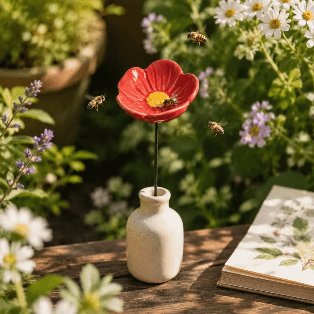 3pcs Colorful Bee Butterfly Water Dispenser Ceramic Garden Decoration Insect Drinking Cup Gifts DIY Artificial Flower