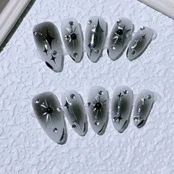 10Pcs Handmade Press on Nails Full Cover Stars Concise Design French Short Almond False Nails Wearable Manicure Nail Tips Art