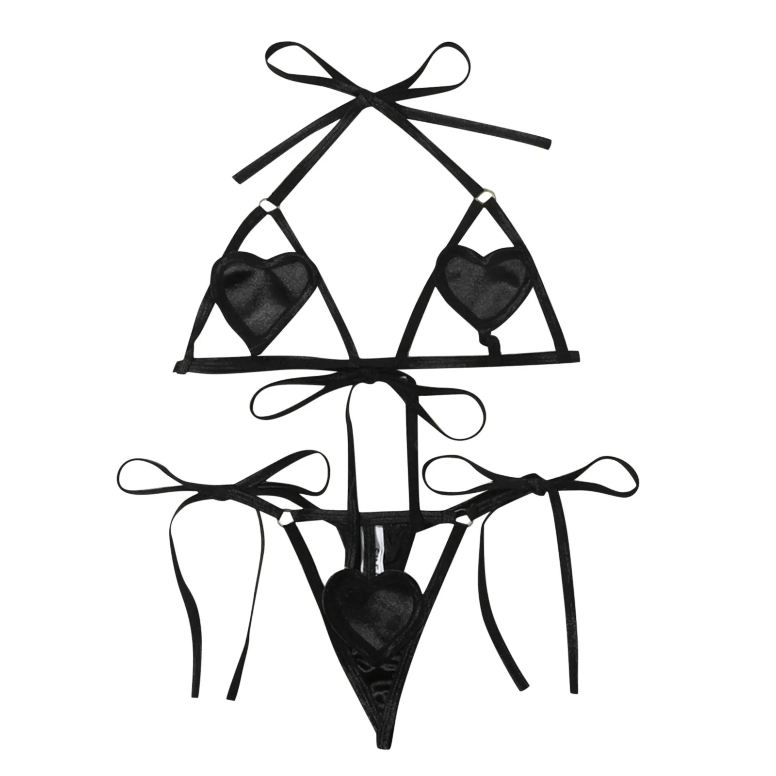 

Women's Sexy Lingerie Thongs Bras Cut Out Heart Two Piece Bra And Panty Set Three-point Bandage Halter Lace Up Exotic Underwear