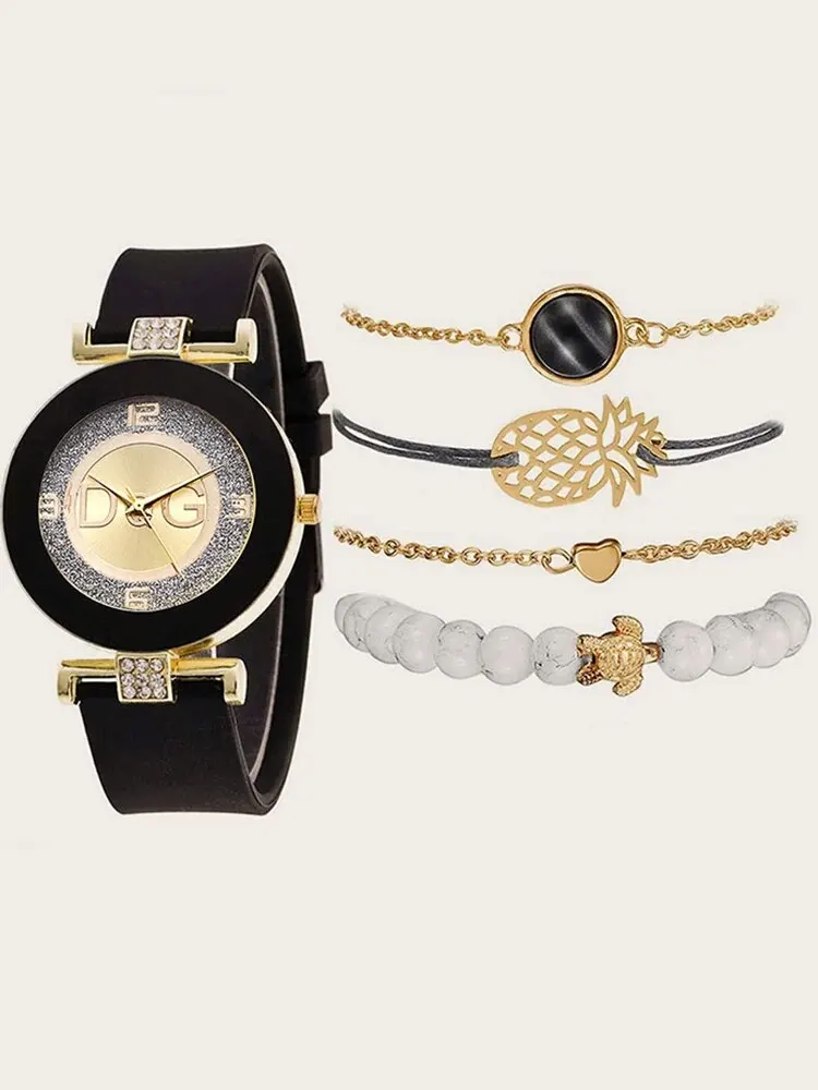 5pcs Fashionable and Trendy Diamond Inlaid WOMEN\'S Quartz Wristwatch with Bracelet Set