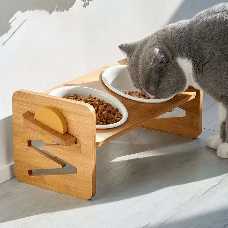 

Height Adjustable Bamboo Frame Cat Ceramic Bowl Pet Food Water Dispenser Bowl Kitty Puppy Protective Cervical Feeder Dog Cutlery