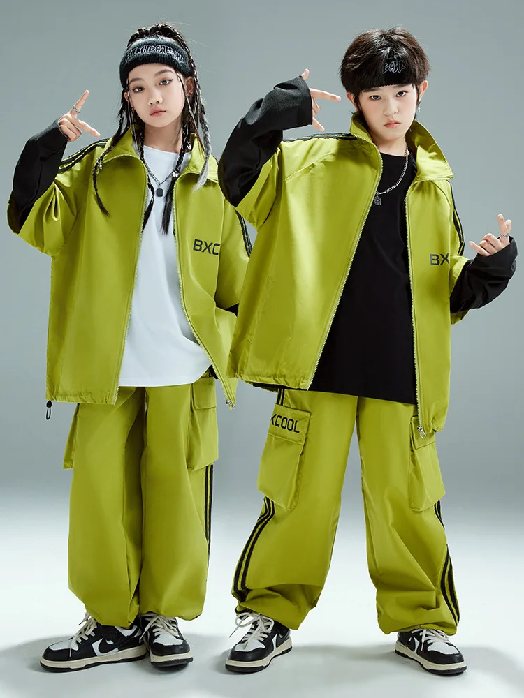 Kids Jazz Dance Sportswear Costume Girl's Hip Hop Dancing Performance Outfits Boys Street Stage Show Set Green Coat Pants