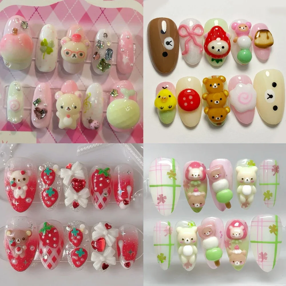 

Kawaii Japan 3D Rilakkuma Press On Nails Strawberry Four-Leaf Clover Angel Bowknot Cute Animal Almond Manicure Nails Sticker
