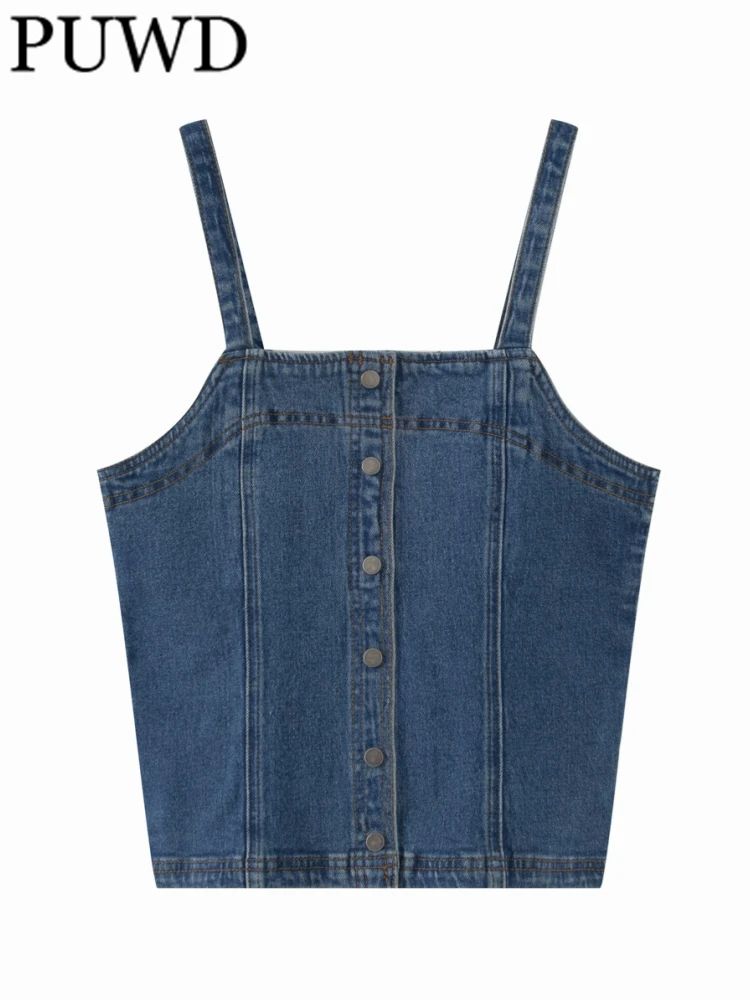 PUWD Women Cotton Blue Single-breasted Denim Camis 2023 Summer Vintage Ladies Sleeveless Solid Color Camis Female Chic Tops