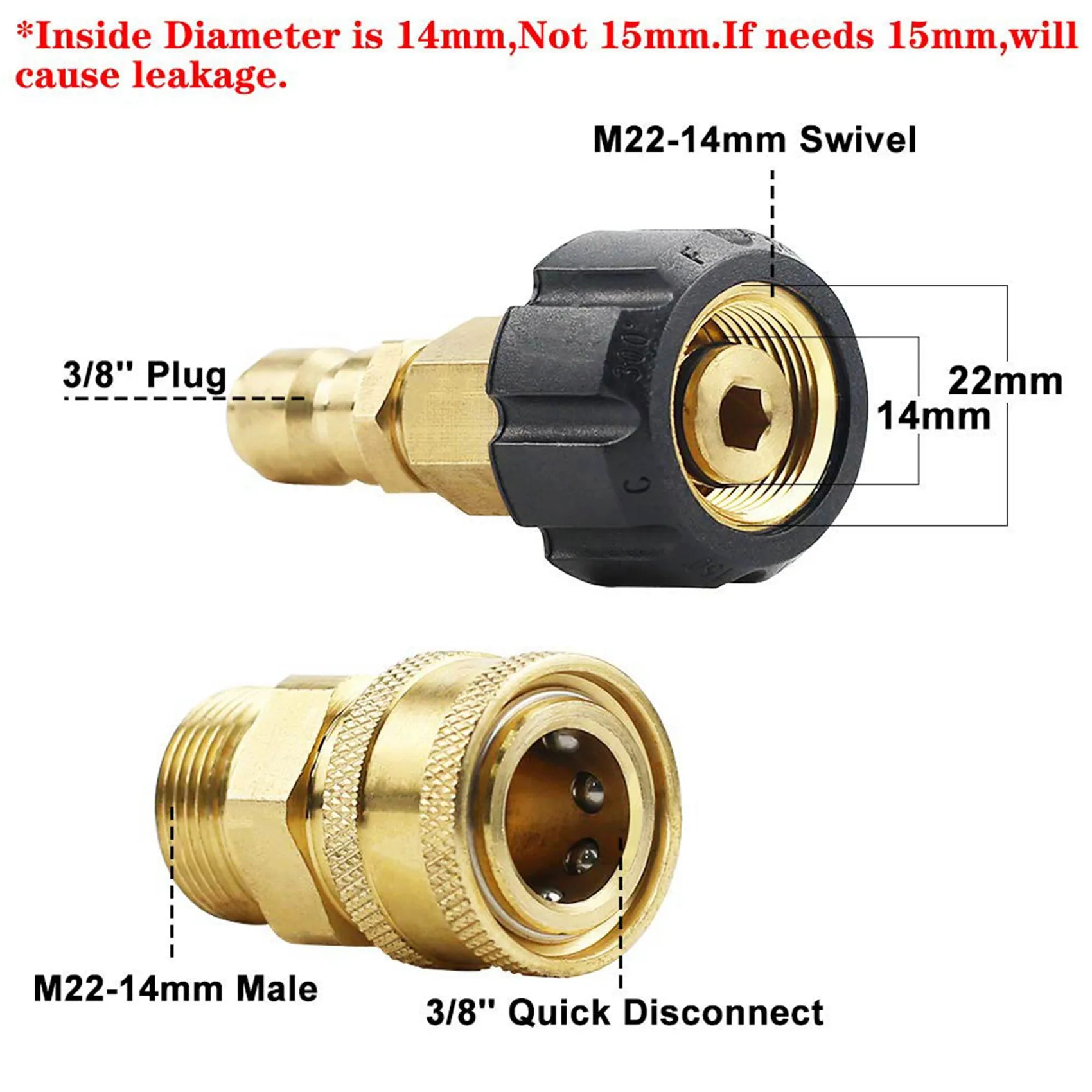 Exquisite-2X Pressure Washer Adapter Set, M22 14Mm Swivel To M22 Metric Fitting,M22-14 Swivel + 3/8 Inch Plug,5000 PSI