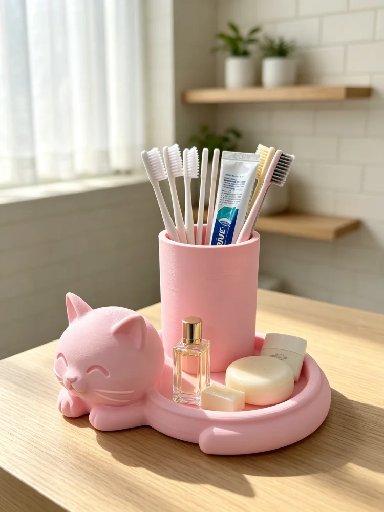 3D Printed Pink Cat-Shaped Two-In-One Toothbrush Holder with Tray, Bathroom Storage Rack, Vertical Toothbrush and Toothpaste Organizer with Side Storage Tray, Can Store Toothbrushes, Toothpaste, Cotton Swabs, Hair Clips, Soap, and Other Small Items, Cute Animal-Shaped Bathroom Countertop Storage Box, Suitable for Sinks and Vanity Tables, Keeps the Countertop Tidy and Organized, a Bathroom Accessory That Combines Practical Storage and Decorative Effect