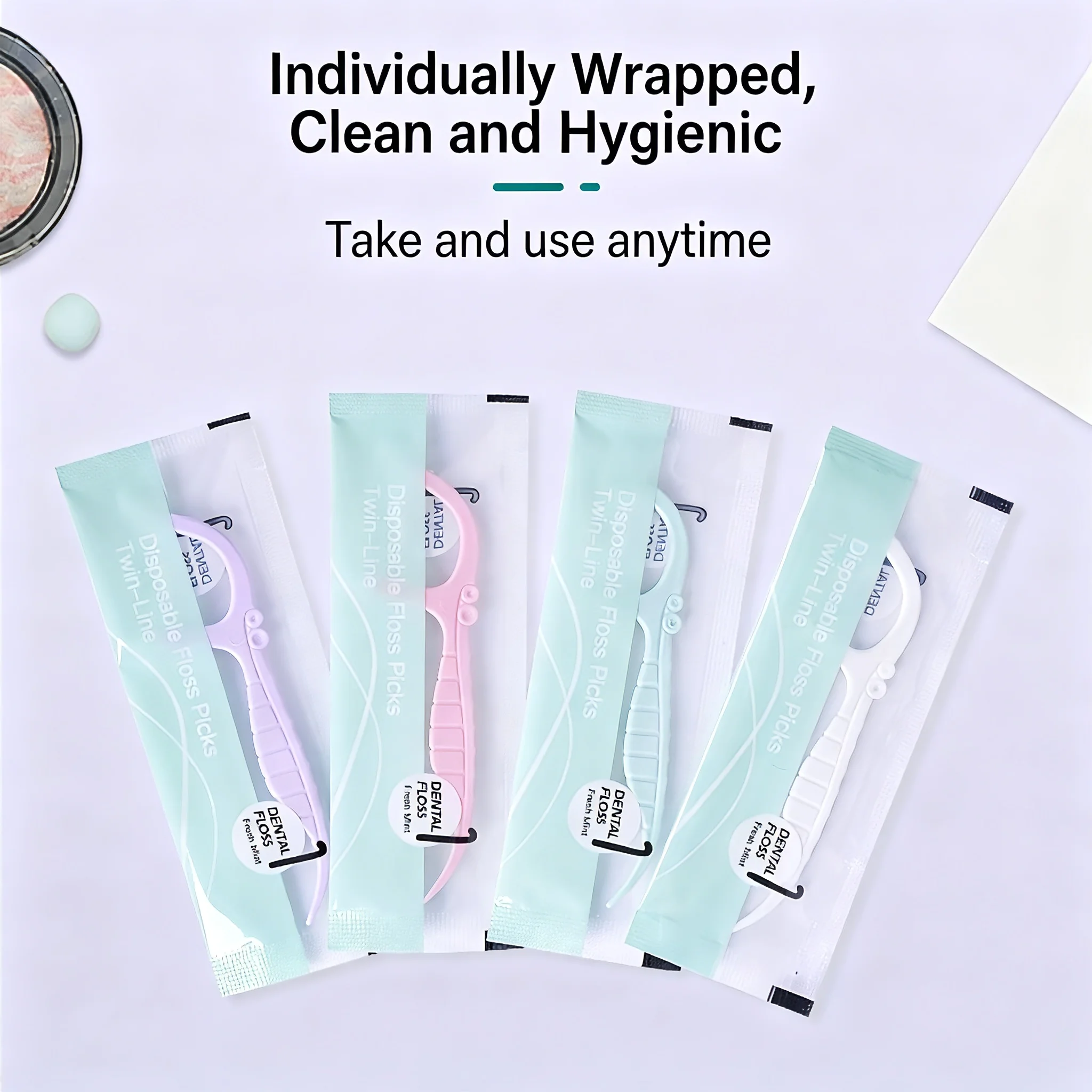 60-Count Mint Flavored Dental Floss Picks Double-Strand Individually Wrapped Neutral High Tensile Strength English Packaging for