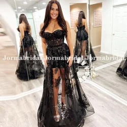 Customized Sexy Black Prom Dress Illusion Bodice Sweetheart Neckline Lady See Through Formal Wear A-line Evening Party Dresses