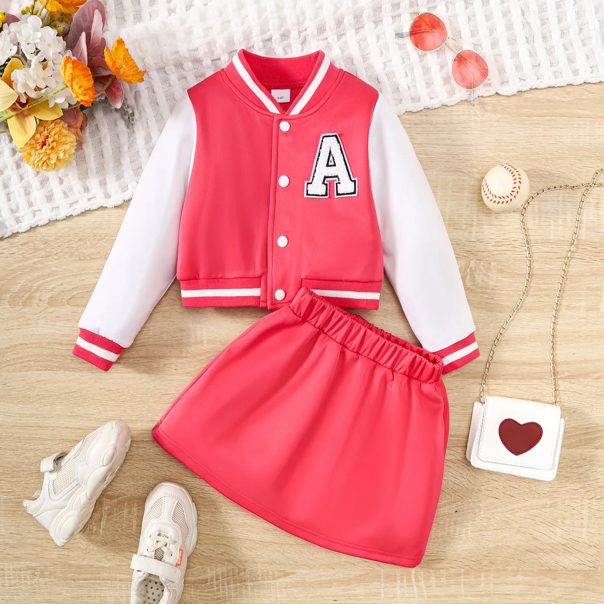 2PCS Children Girls Clothes Set Baseball Long Sleeved Overcoat+Short Skirt Fashion Western Style Design Suit Kids Girl 1-8 Years