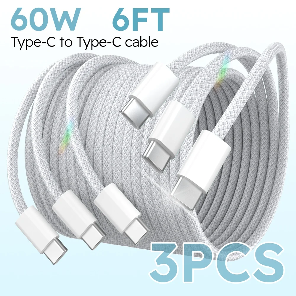 3PCS 6FT 60W Nylon Weave Fast Charger Type C to USB C Cable For Samsung For Xiaomi For iPhone 15 Pro/iPad/Android