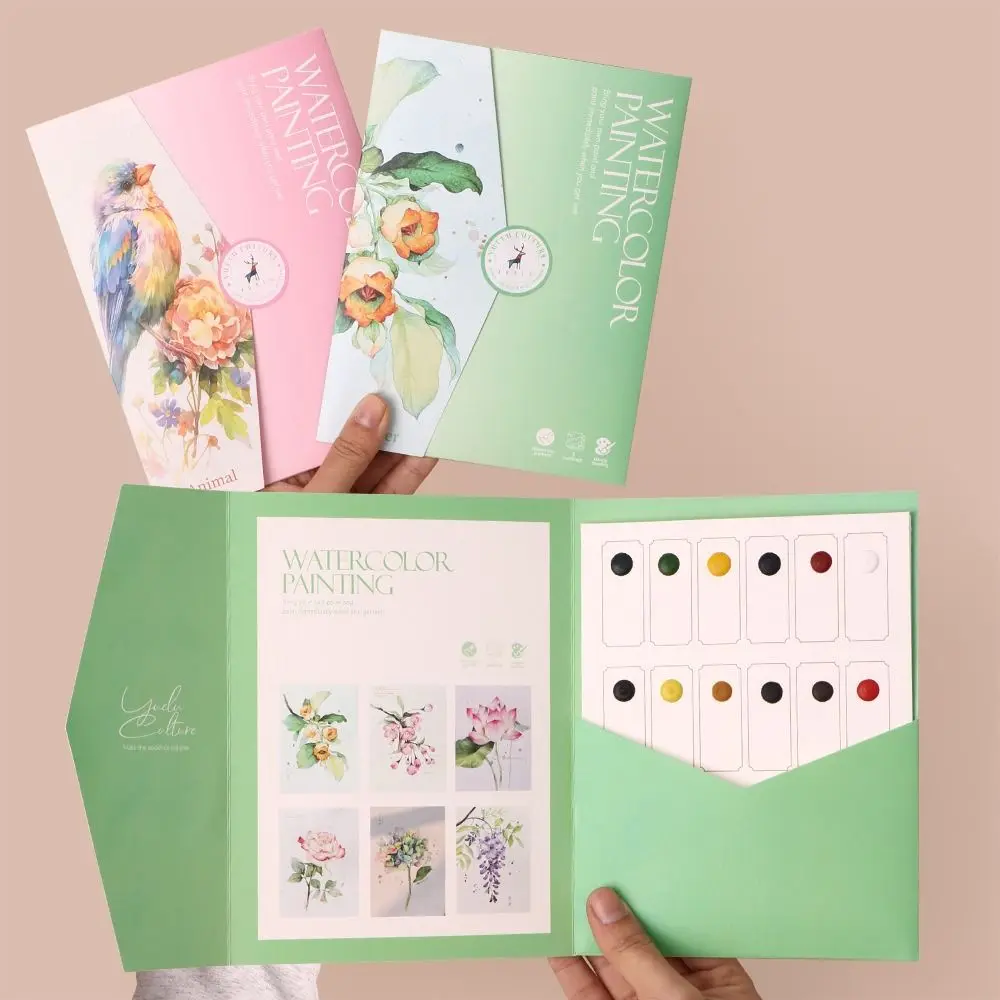 

Multicolor Waterpainting Painting Book Chinese Style with 12 Color Solid Pigment Draw Book Flower Bird Country Villa