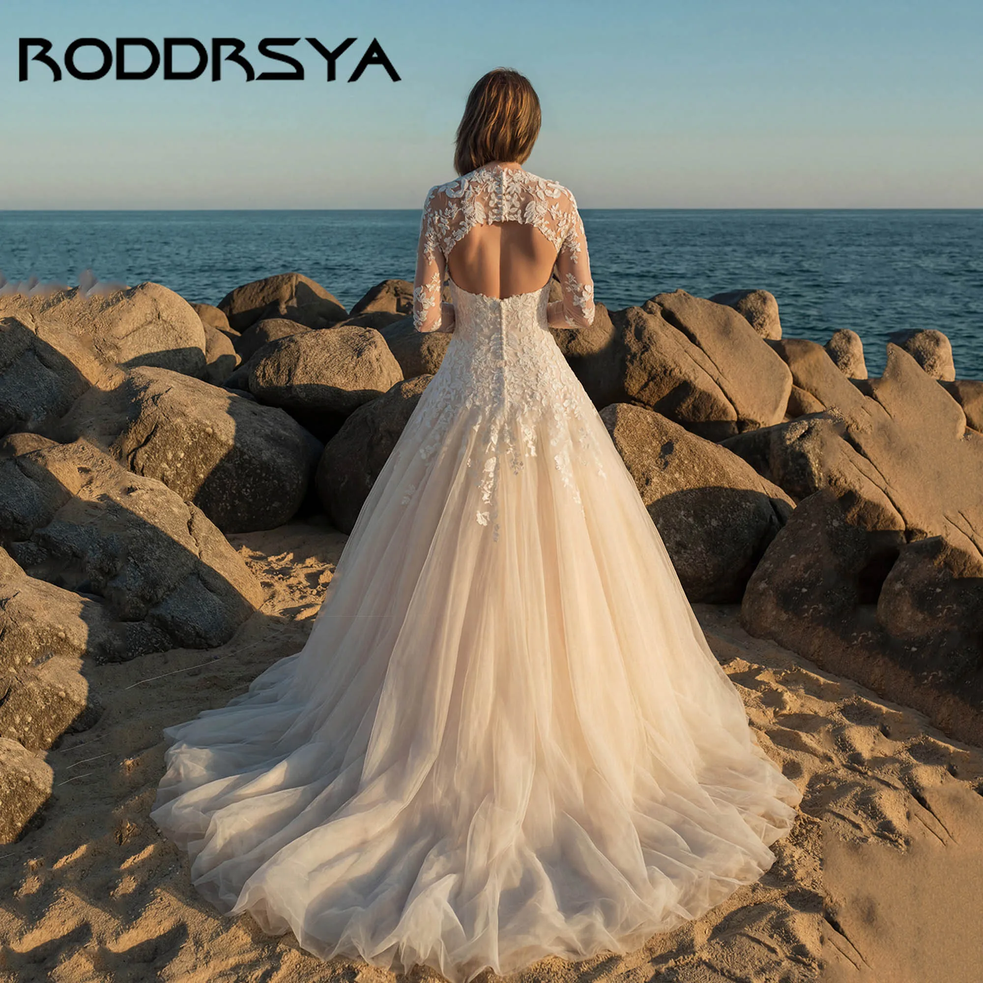 RODDRSYA Customized Detachable Long Sleeve High Neck Wedding Dress Appliques Open Back A Line Tulle Bride Gown vestidos de novia