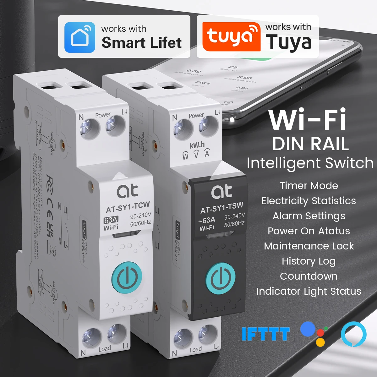 

TUYA WIFI Smart Circuit Breaker Power Metering 1P 63A DIN Rail for Smart Home wireless Remote Control Smart Switch by APP ATELE