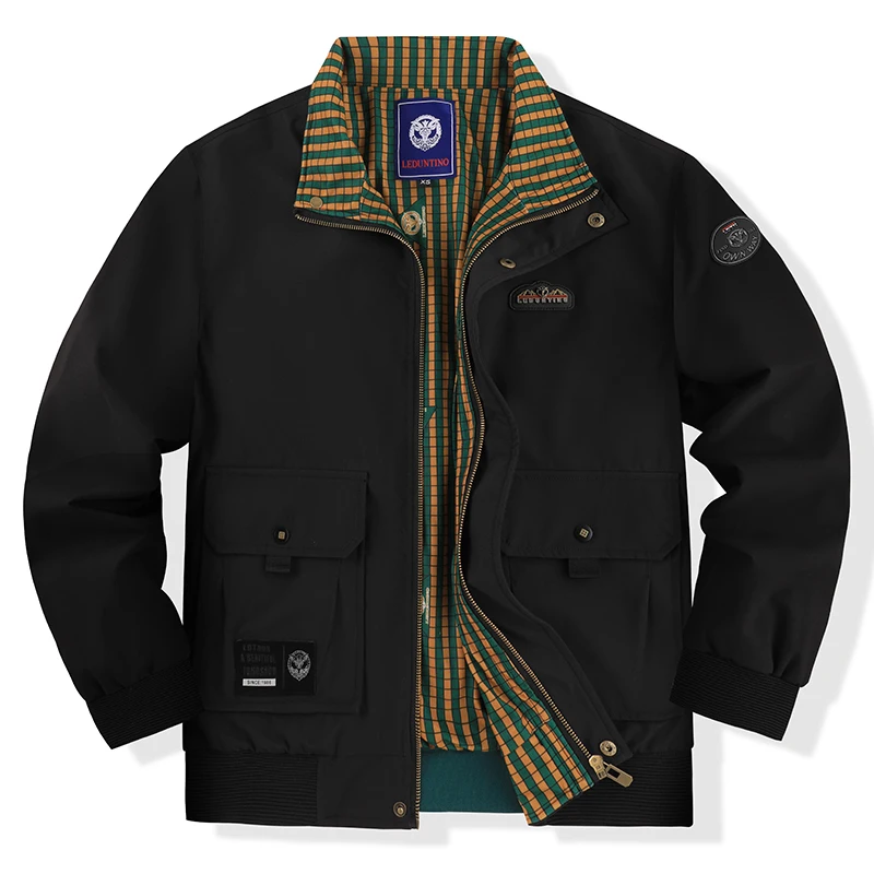 

2025 New Men's White Aviator Jacket Standing Collar Plaid Lining Fashion Embroidery Multifunctional Pockets Casual Streetwear