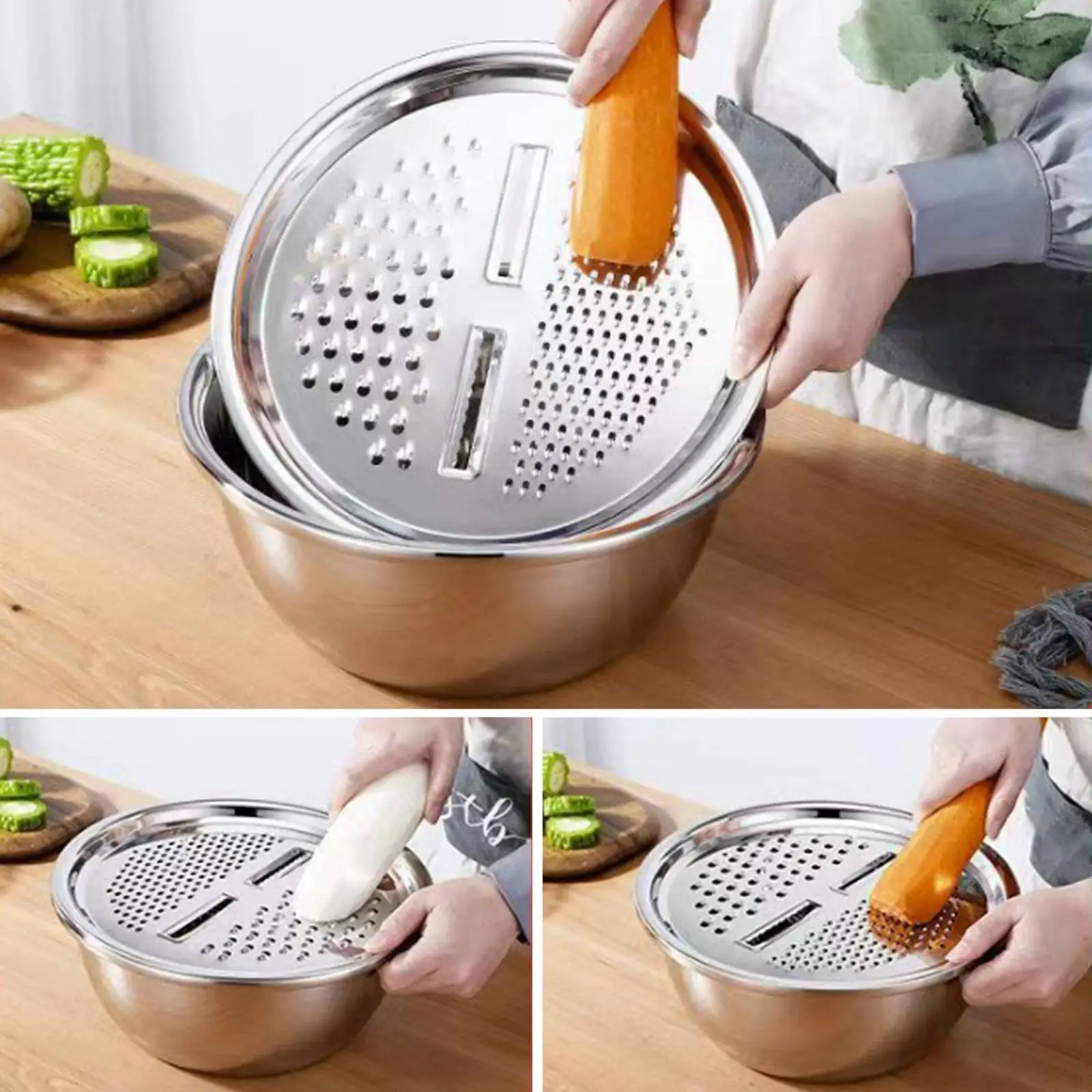 3-piece stainless steel grater with draining sieve, easy to clean, for kitchen