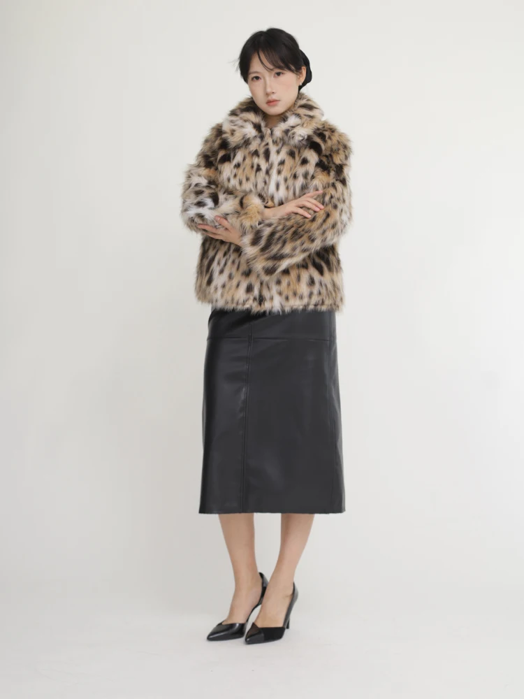 adient Colored Leopard Print Jaet Vintage Patchwork Leather  Buttoned Artificial Fur Coat  Collar Long Sve