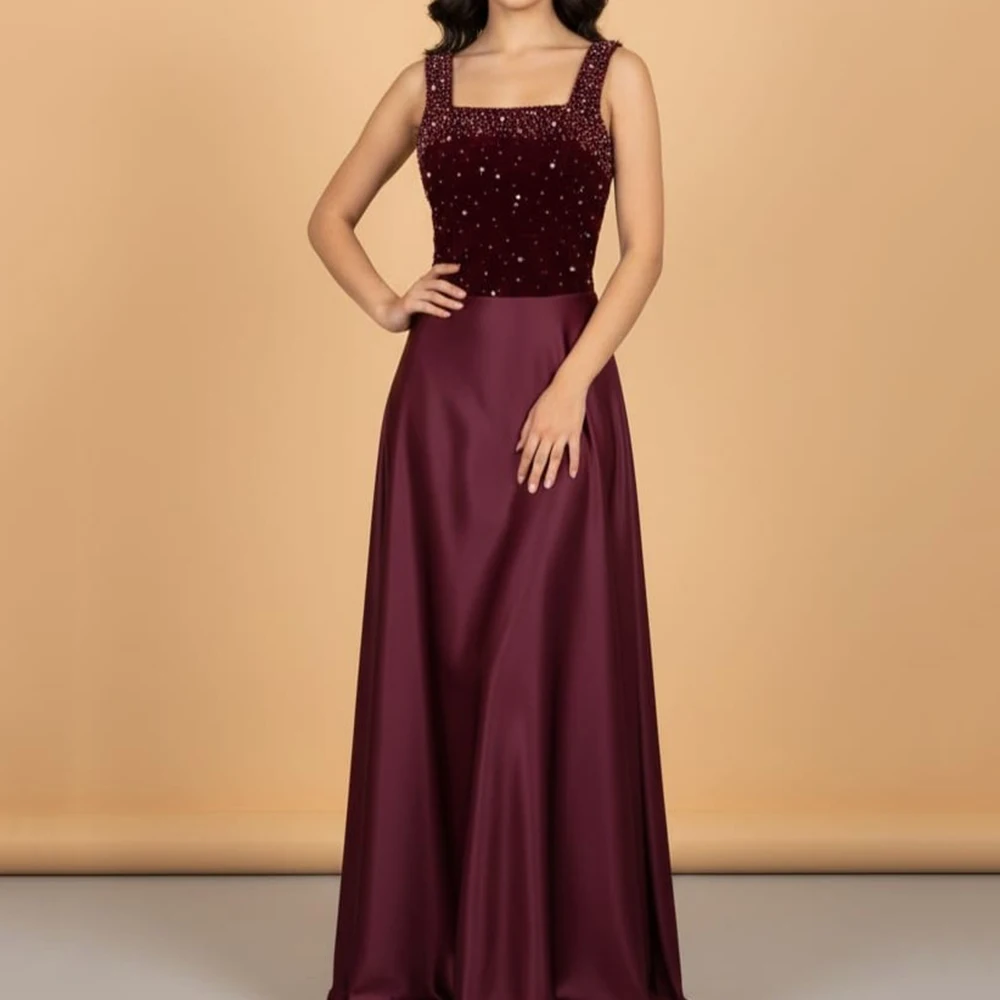

Customized A-line Evening Dresses Floor-length Square Collar Sleeveless Prom Gown Fashion Beading Simple Draped Party Gown