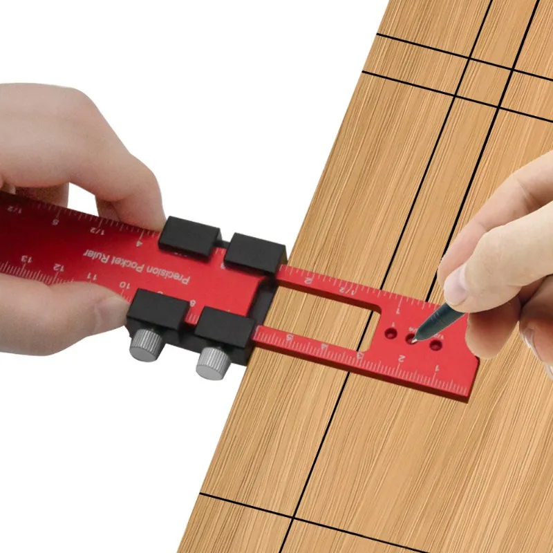 Woodworking Tools Ruler Pocket Ruler Layout Tool Aluminum Precision Ruler with T-Track Metal Slide Stops,Inch and Metric Scale