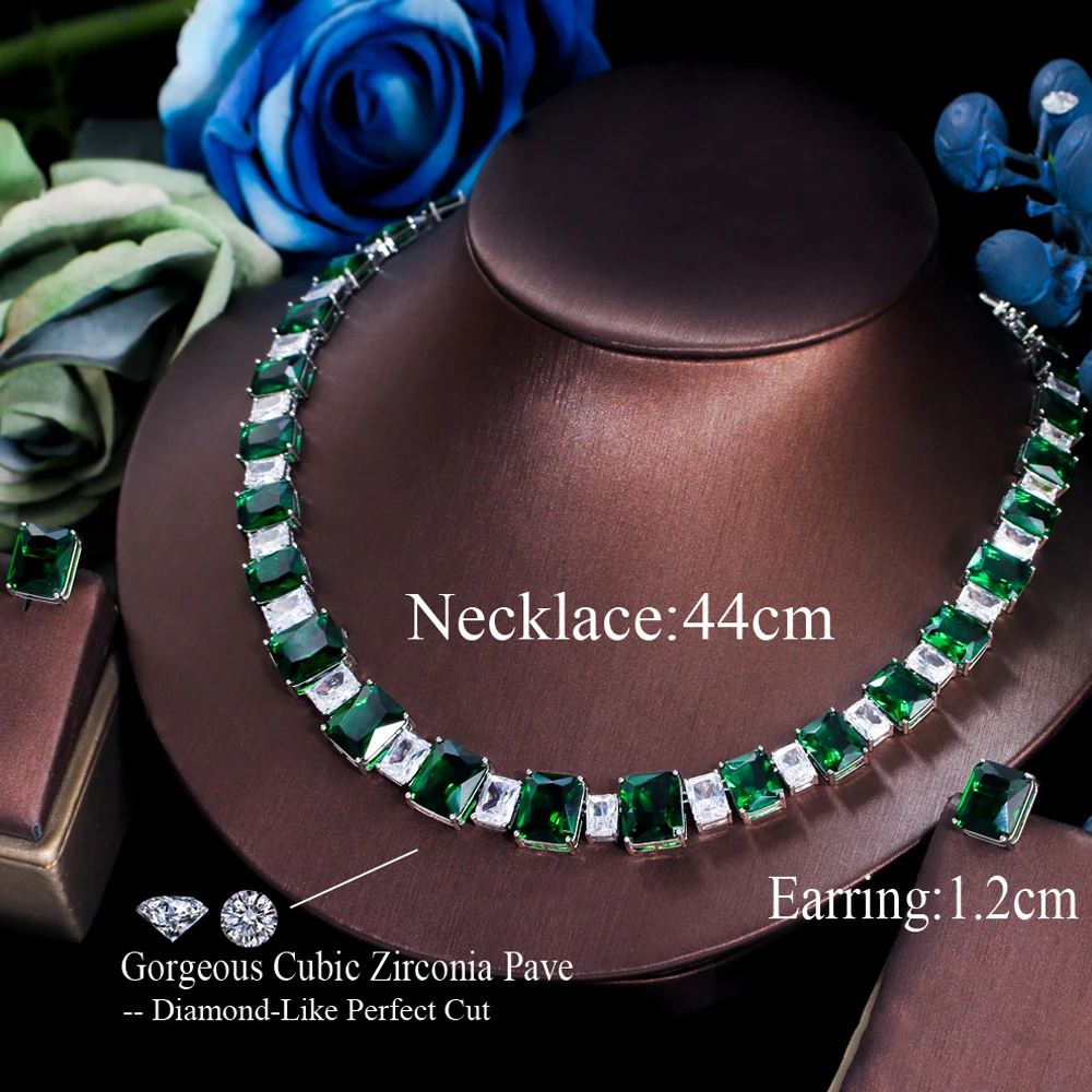 ThreeGraces 2pcs Luxury Square Cubic Zirconia Dark Green Stud Earrings and Necklace Bridal Wedding Jewelry Set for Women TZ993