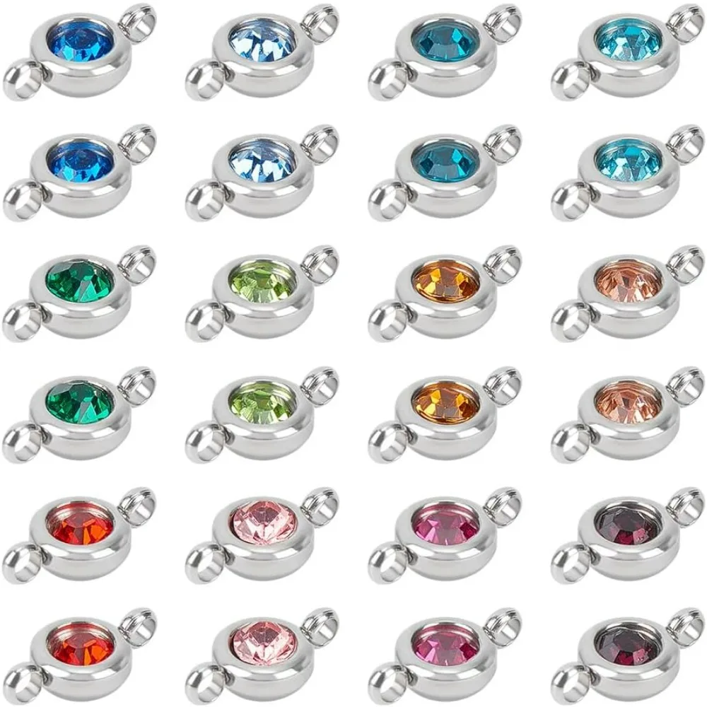 24pcs 12 Colors Crystal Birthstone Charms Stainless Steel Flat Round Rhinestone Connector Charms Glass Gemstone Making Kit