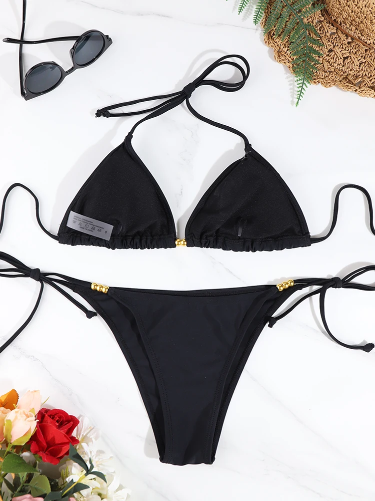 Sexy Triangle Bikini Sets Micro Thongs Swimsuit Women Bathing Suit  BeachwearSolid Color Swimwear Thong Bikini view 2
