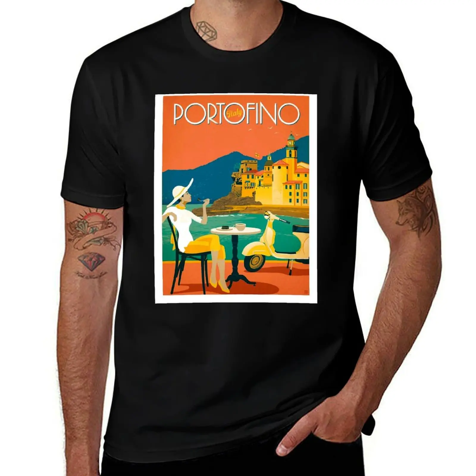 

PORTOFINO ITALY : Vintage Resort Travel Advertising Print T-Shirt topping football t shirt oversized t shirts for men