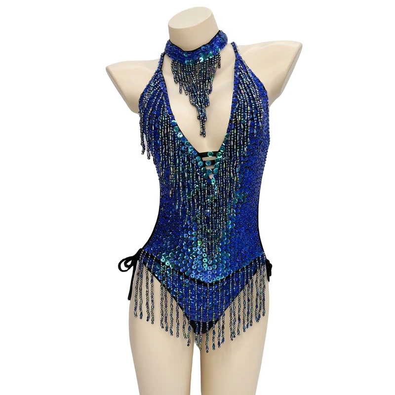 섹시한 태슬 레오타드 백리스 스팽글 파티 바디수트 여성 바디콘 롬퍼 비딩 스팽글 무대 공연 비치웨어