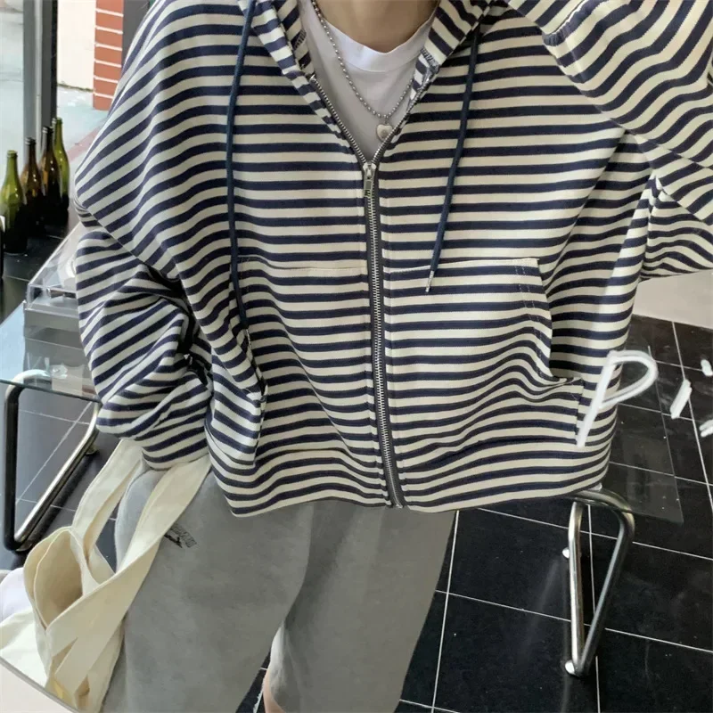 

Striped Long Sleeve Zipper Women's Hooded Sweatshirts Korean Fashion Female Hoodies Autumn Winter Casual Loose Streetwear Y2K