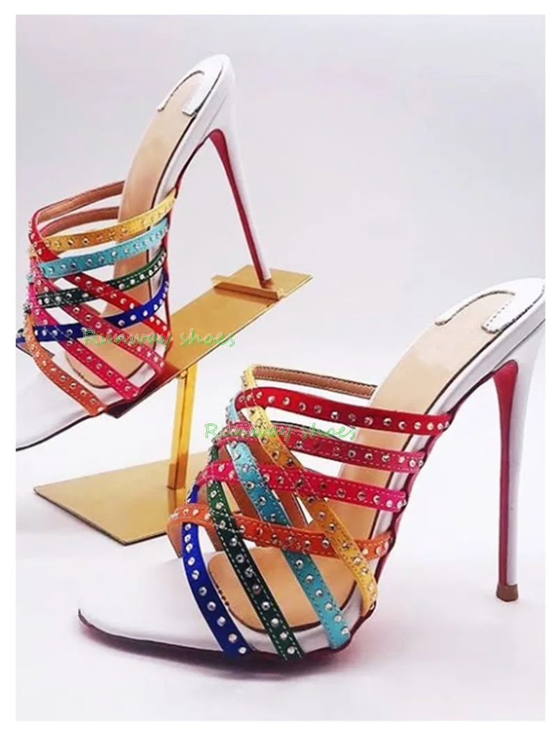 Multicolor Rhinestones Decorate Crystal Straps  High Heel Round Toe Cross Thin Strap Shallow Luxury Slippers Banquet Shoes 2026