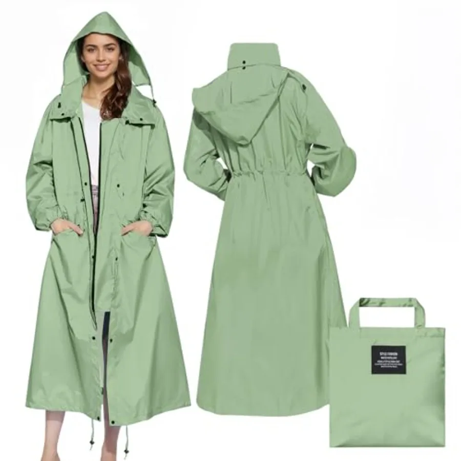 

Womens Long Raincoats Rain Jacket Waterproof Packable Hooded Windbreaker Lightweight Adjustable Waist for Outdoor