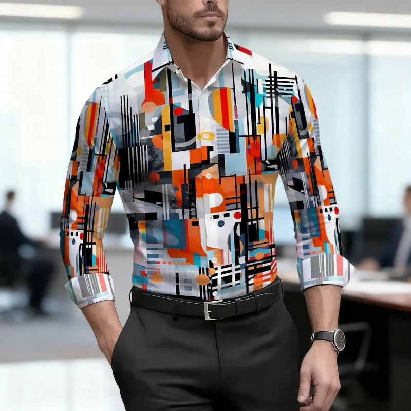 New Men's Shirt Fashion Abstract Printed Shirt Collar Long Sleeve Shirt Business Casual High Quality Men's Top XS-6XL Size