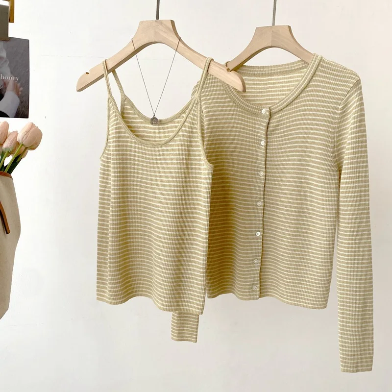 

Dave&di Spring And Summer New Linen Fashion Two-piece Set Knitted Striped Cardigan+knitted Camisole Retro Slimming Effect