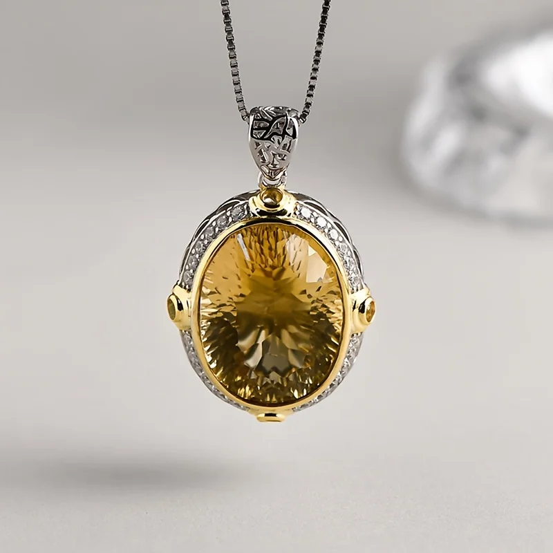 Noble, Elegant and Uniquely Designed Oval Citrine Pendant, S925 Silver Exquisite Clavicle Chain.