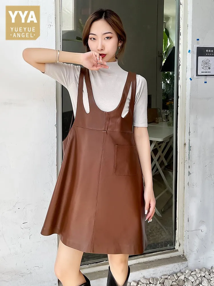 Robe en cuir véritable pour femmes, ajourée, en peau de mouton, taille haute, coupe ample, décontractée, débardeur, pull sans manches, robe courte trapèze