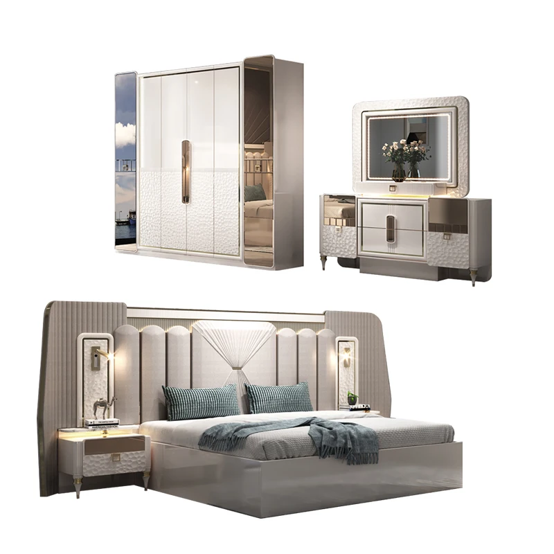 Contemporary design wooden full 5-piece double bed set modern luxury wooden frame