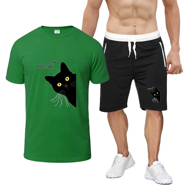 

Black Cat Funny Logo Print 2026 Men's Summer Bright Colors Round Neck Ice Silk Breathable Comfortable T-shirt Pants Suits