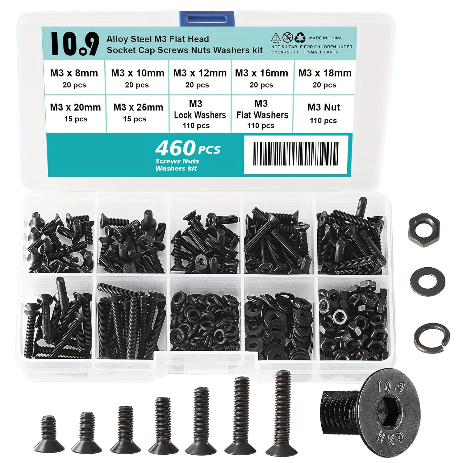 460 PCS/400PCS M3 x 8mm 10mm 12mm 16mm 18mm 20mm 25mm 30mm 35mm 40mm 45mm 50mm  Flat Head Hex Socket Cap Screws Countersunk Bolt