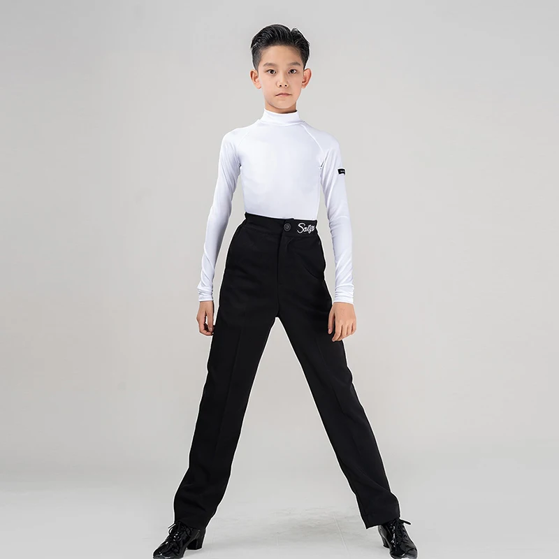 New Boys' Latin Dance Training Costume Children's High-Neck Long Sleeves T-shirt Samba Ballroom Dancing Practice Clothes XH757