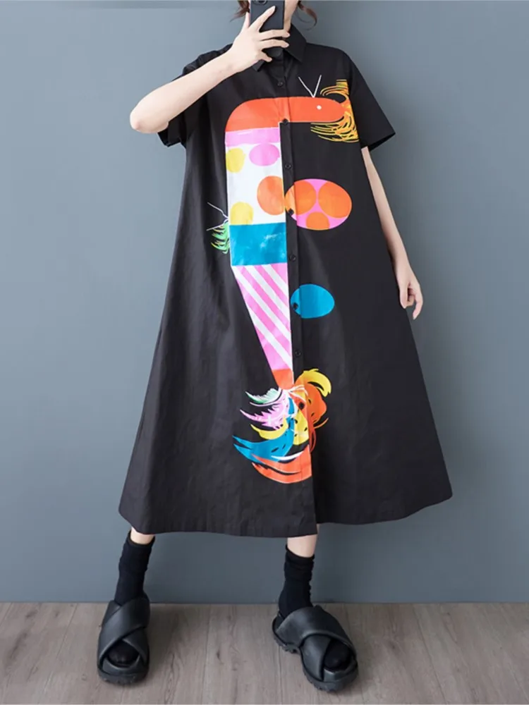 Oversized verão camisa longa vestido feminino graffiti impressão moda casual solto senhoras vestidos mulher vestido