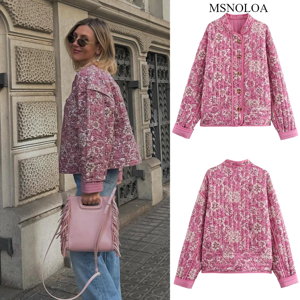 MSNOLOA 2024 Spring Lady Elegant Printed Quilted Coat Women FashionO Neck Single Breasted Coats Female Vintage Streetwear Jacket