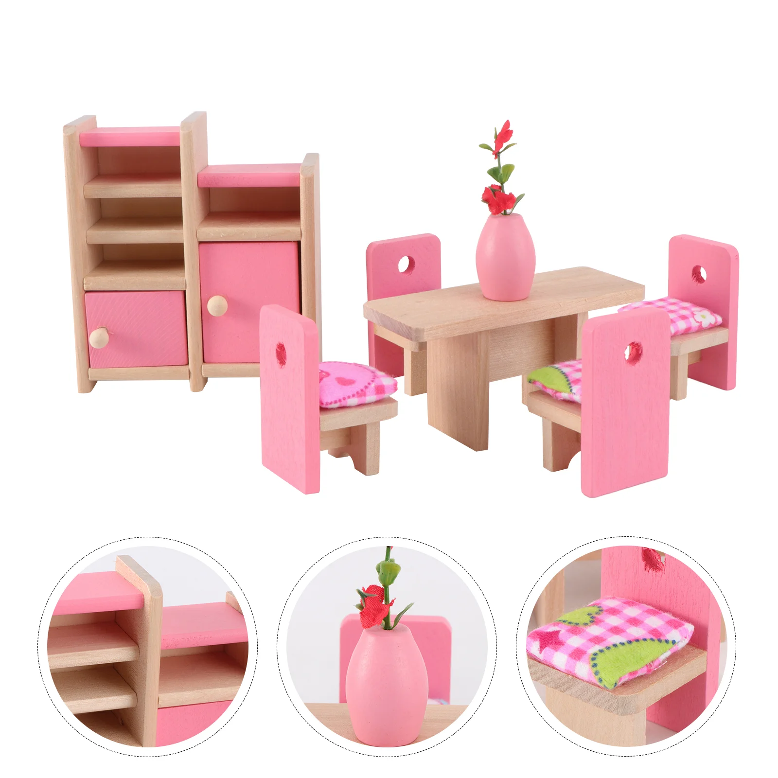 Mini-Haus Esszimmer Holzmöbel-Set Tisch + Stuhl + Ausstellungseinheit + Vase Mini-Hausmöbel Hausmöbel