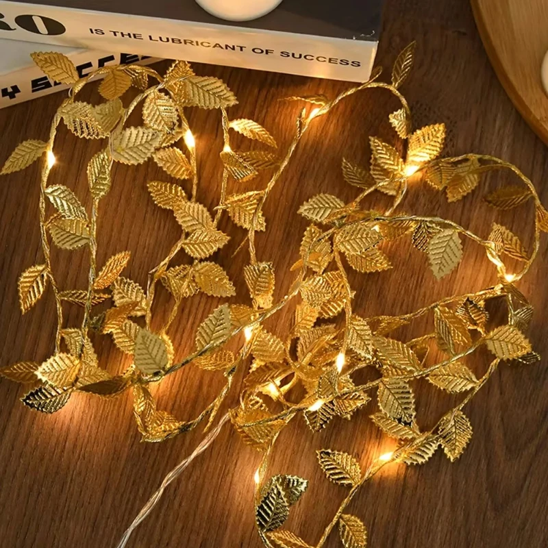 1pc200cM Simulated Golden Leaf Decorative String Lights Weddings Ramadan Holiday Decorative StringLights (Excluding Batteries)