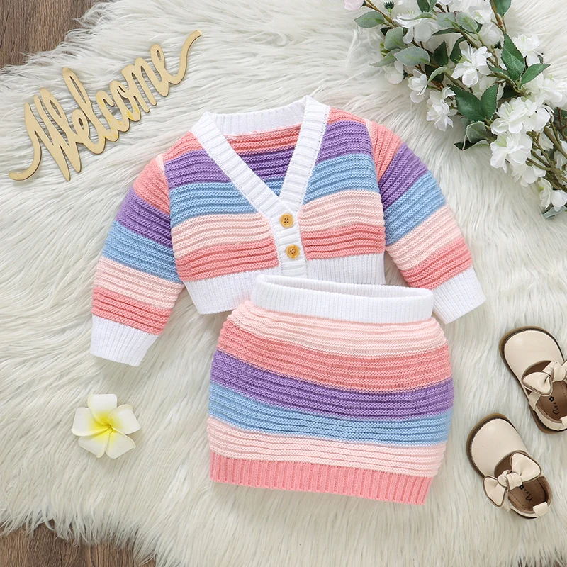 Winter-Babykleidung für Mädchen, lässige V-Ausschnitt-Pullover mit langen Ärmeln, Jacken + Rock, 2-teilige Outfits für Neugeborene, Oberbekleidung, Kostüme