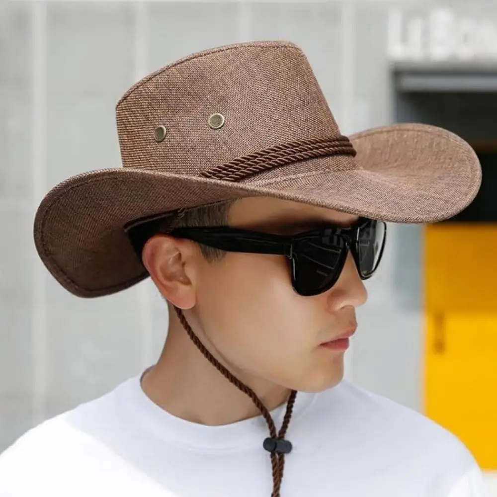 2023 New Linen Men Summer Sun Hats Solid Cool Western Cowboy Hat Outdoor Wide Brim Hat Male Riding Caps for Sun Protection