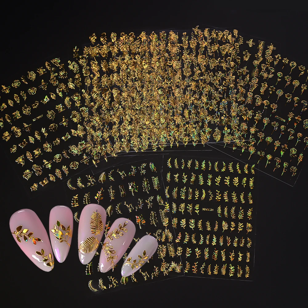 12 pçs/set 3d folha brilhante flor etiqueta da arte do prego laer ouro bronzeamento folhas decalques do prego 8*10cm auto-adesivo suprimentos da arte do prego e5 #