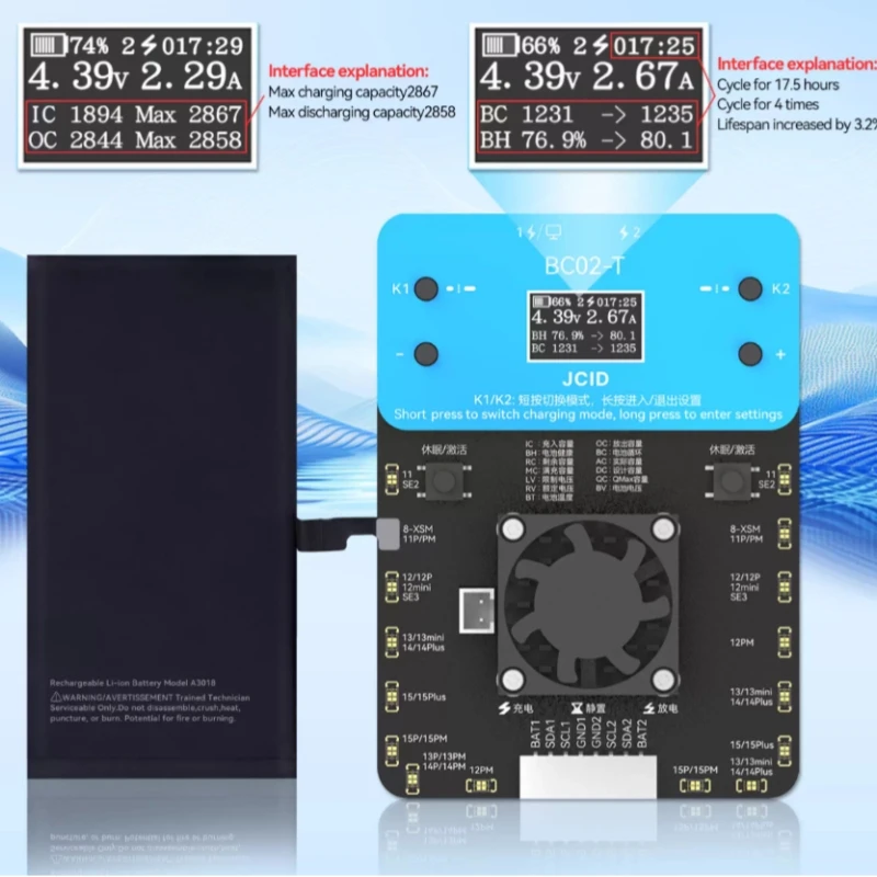 JCID BC02-T Super Battery Health Cycler Dual Channel 4A Charging Current Battery Recycle Tools for iPhone 15 14 13 12 11 X 8