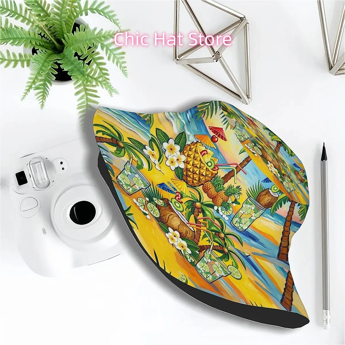 1pcs Tropical Beach Fruit Cocktail Palm Tree Oil Painting Pattern Unisex Printed Fisherman Hat, Stylish Hat with Fun Personalty,