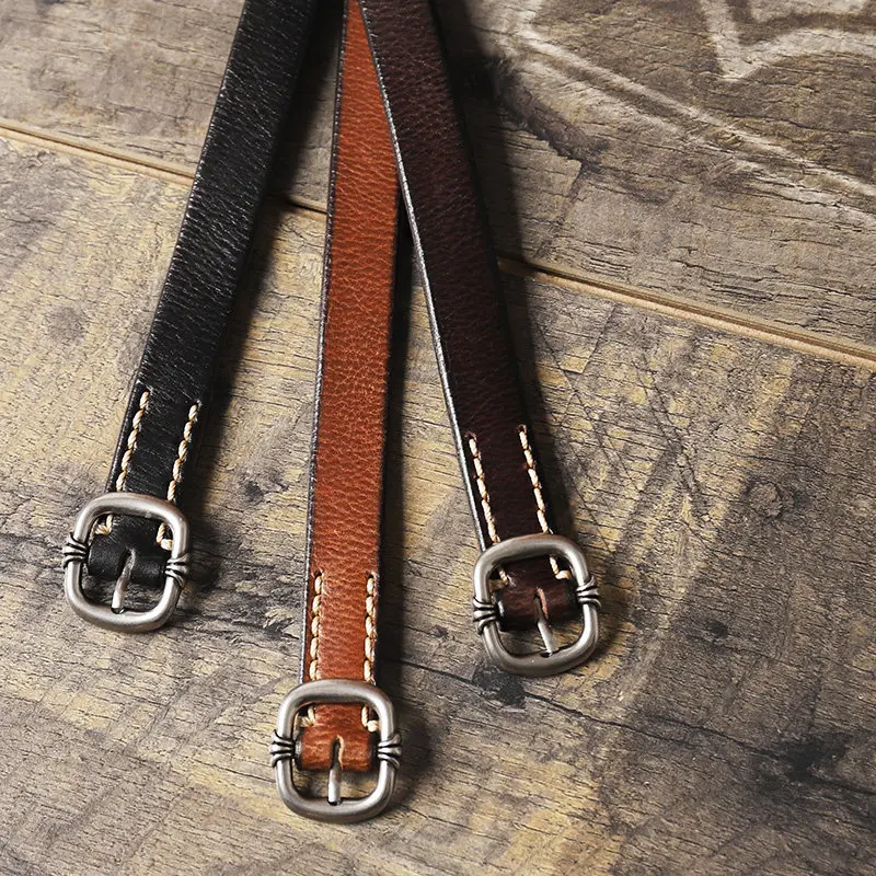 Vintage Handmade 1.8cm Narrow Top Layer Leather Belt for Unisex Genuine Leather Skinny Waist Belt with Pin Buckle Thin Belt