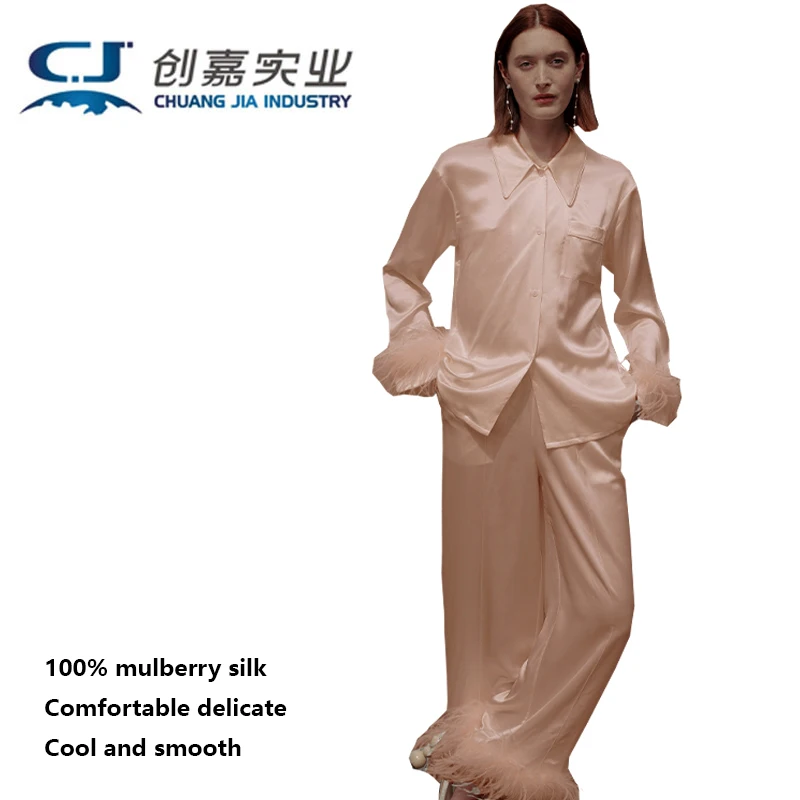 

100% Mulberry Silk Women's Suit Long Sleeve Trousers Light Blue 2 Pieces with Silk Luxury Casual Clothing Smooth and Comfortable